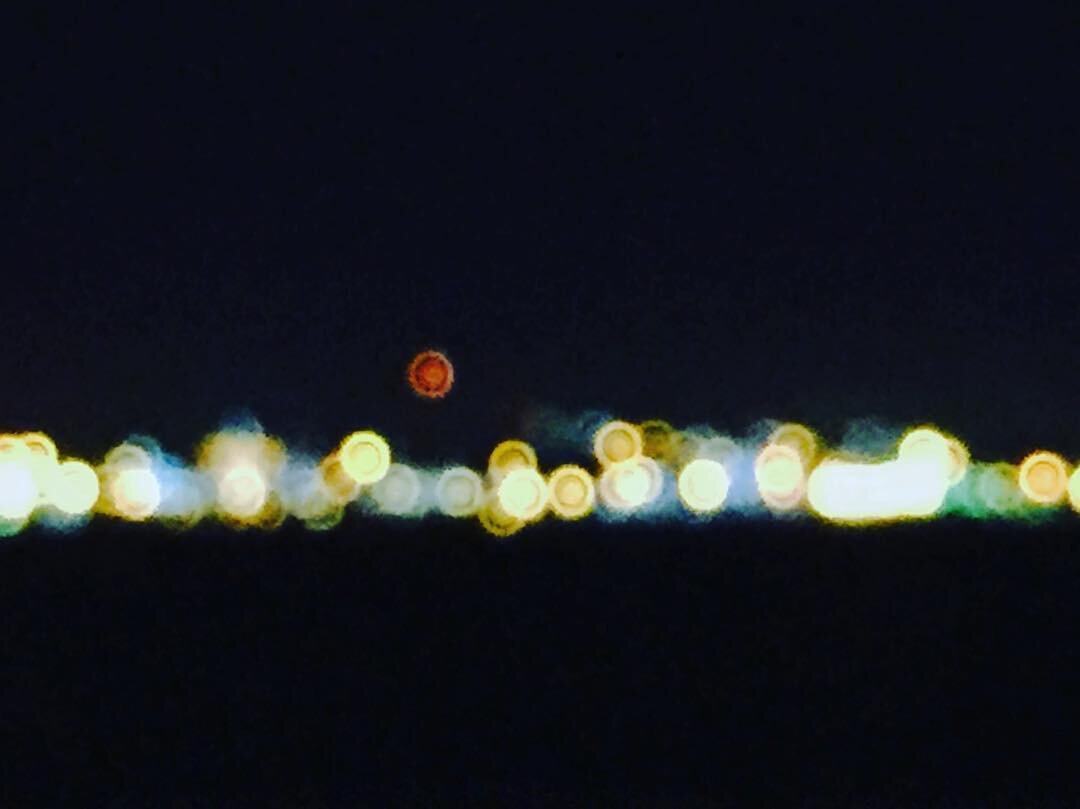 夜の海辺にならぶ、ぼやけた灯り