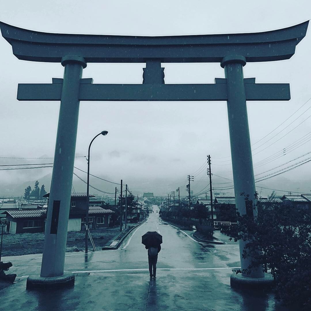 雨の中、鳥居のむこうへ歩く人