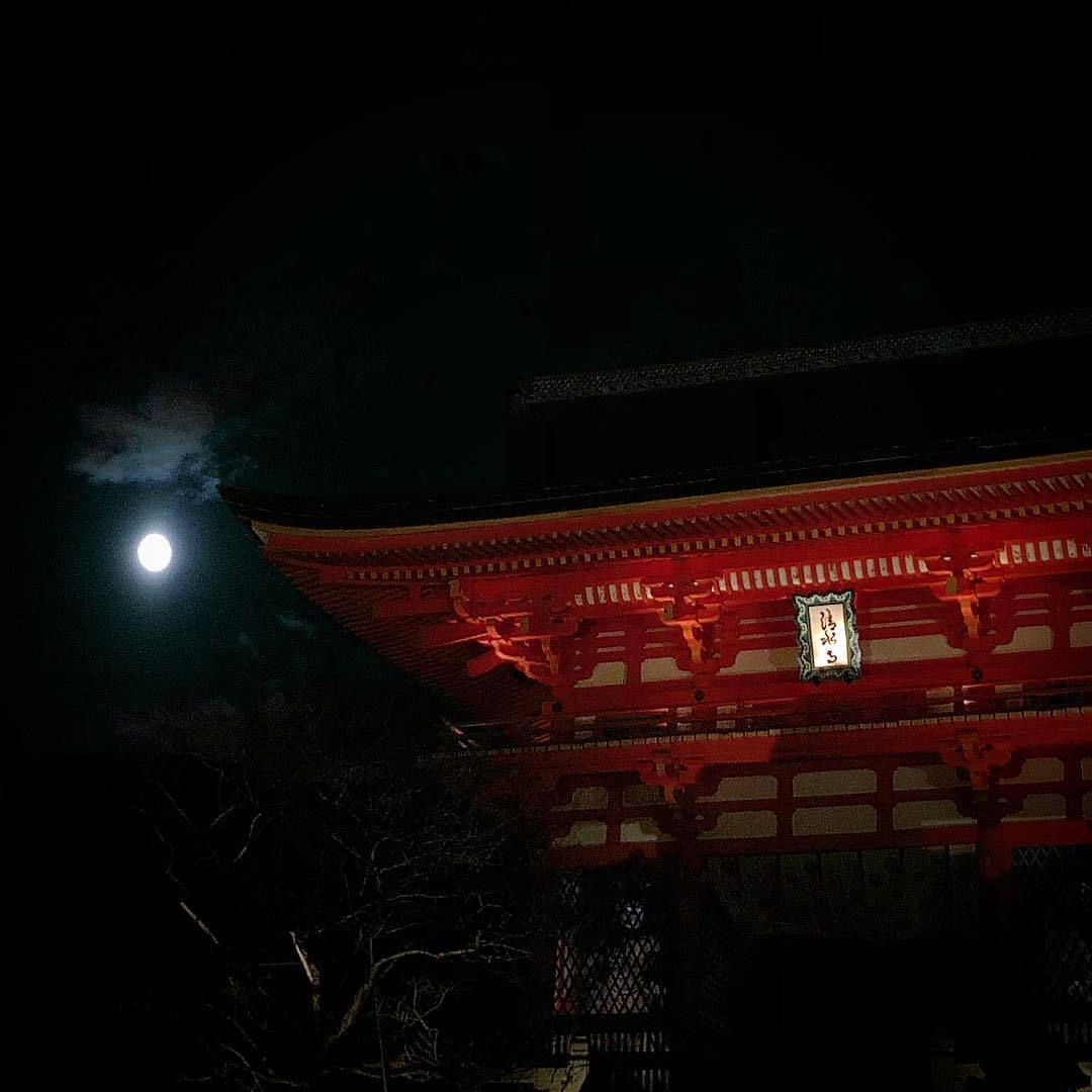 夜空の月と、赤い寺の門