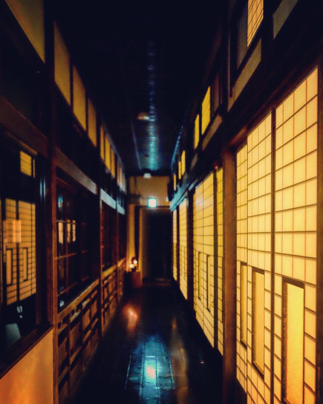 障子の灯りがならぶ夜の廊下