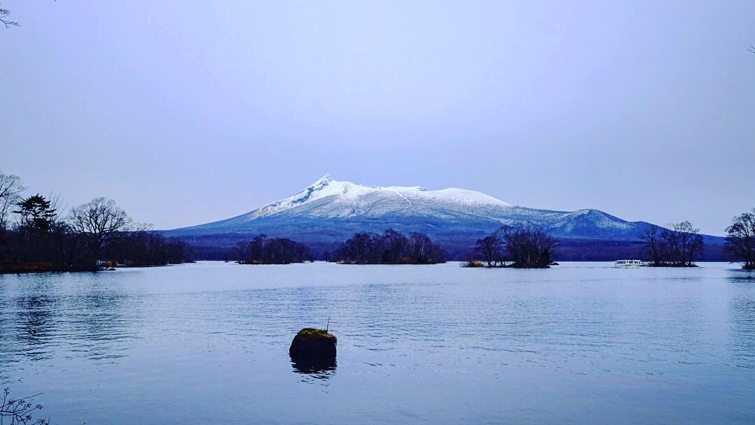 沼の向こうの、雪の駒ヶ岳