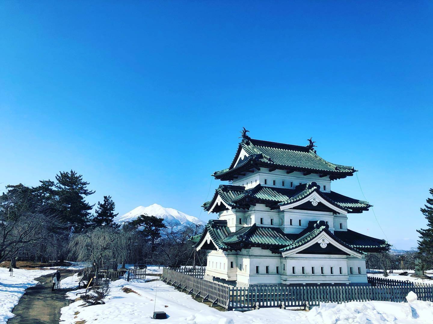 雪の岩木山を背にした、弘前城の天守