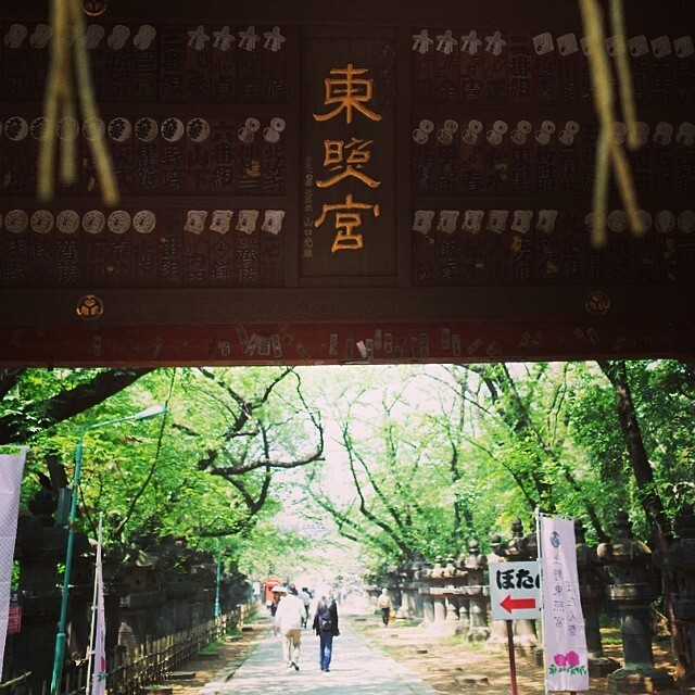 「東照宮」の額と、緑の参道