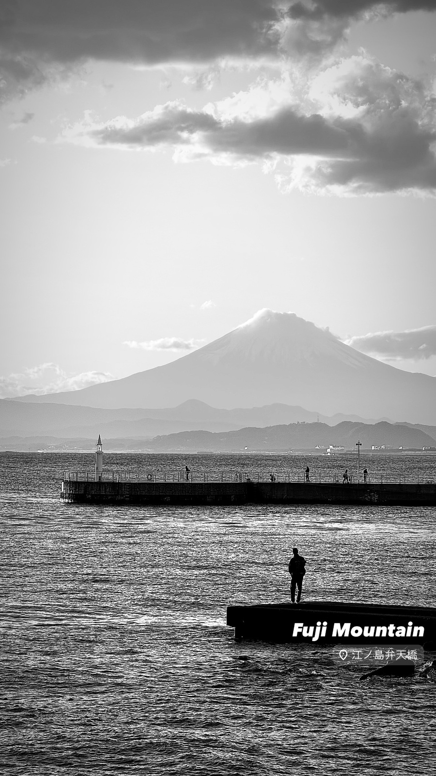 海の向こうの富士山と、堤防に立つ人