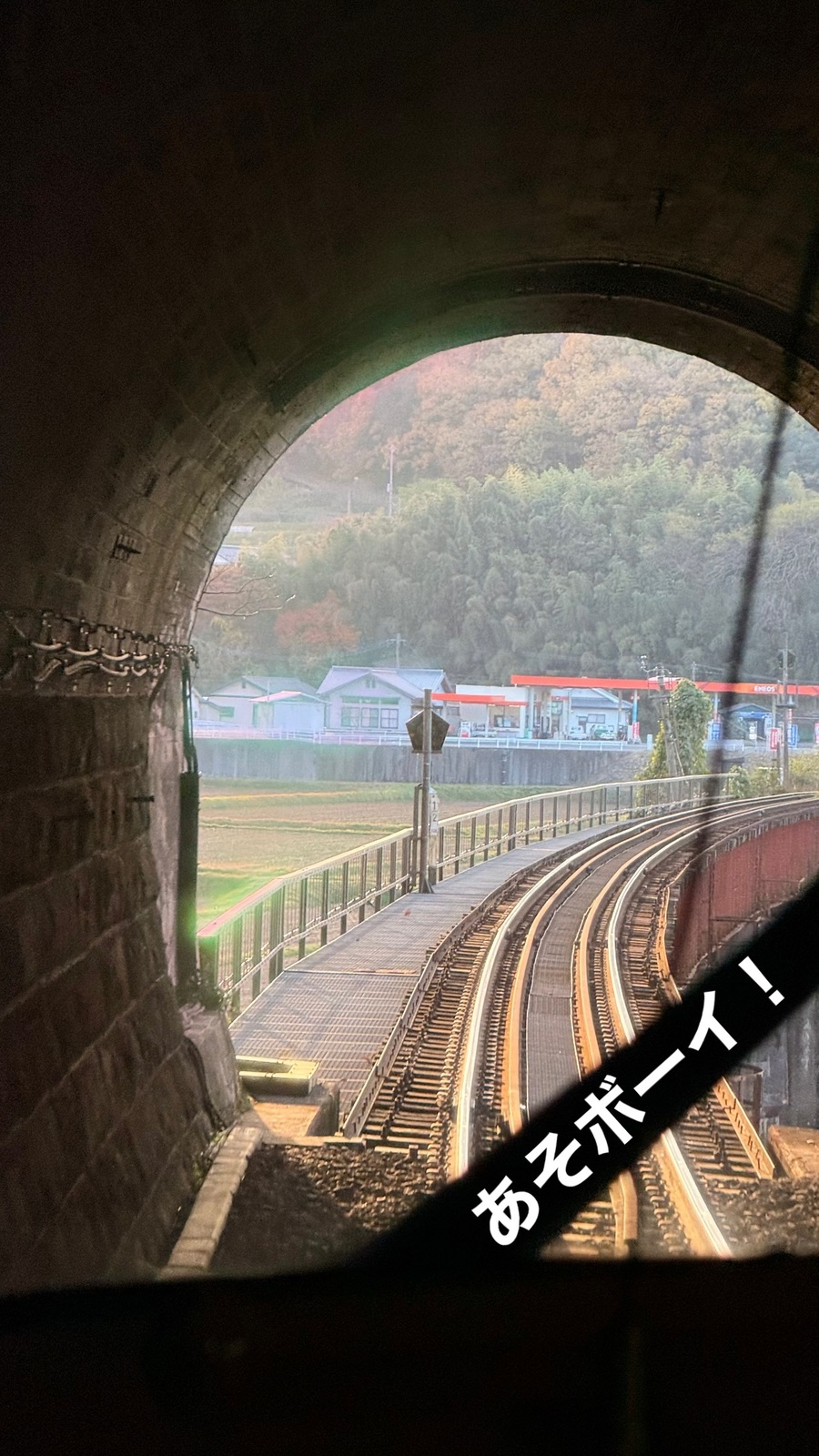 列車の窓から、カーブする線路